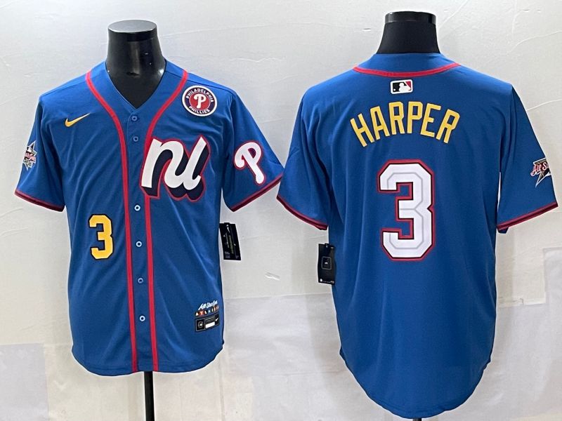 Men 2025 Philadelphia Phillies 3 Harper Blue All star Nike MLB Jersey style 06